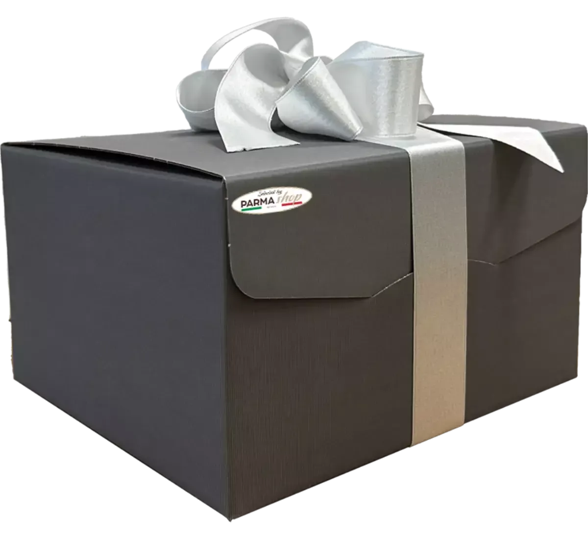 Un'elegante scatola natalizia impreziosita da un fiocco argentato, l'ideale per racchiudere sorprendenti delizie artigianali festive.