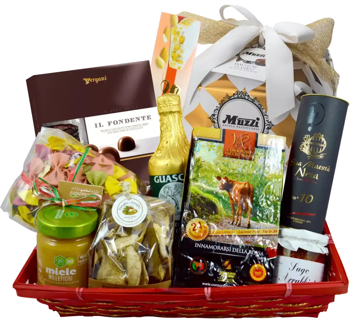La Cesta de Navidad Beatrice contiene la esencia de Italia: queso parmesano, aceite de oliva, vinagre balsámico, panettone y turrón. Un sabor auténtico.