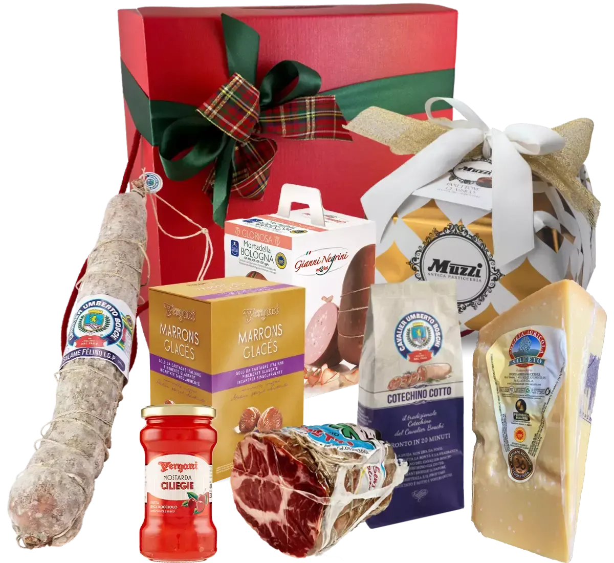 Scopri il Box Specialità Grasso Natale: un'esplosione di autentici sapori italiani come Parmigiano, Salame di Felino e Panettone per un Natale unico.