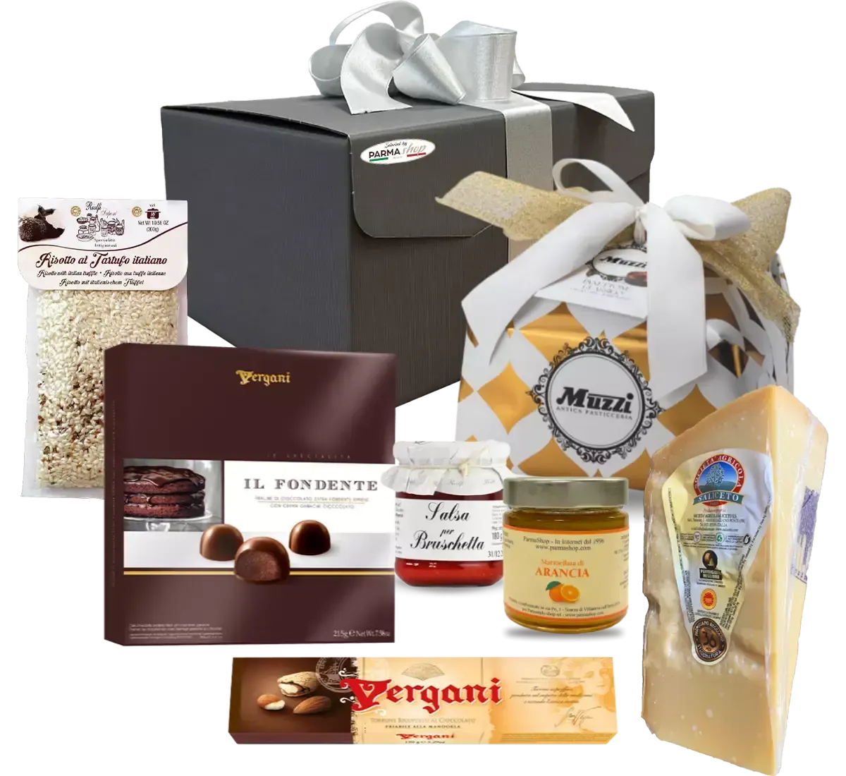 Confezione natalizia Valentino, contenente panettone, Parmigiano, risotto al tartufo, torrone, praline e marmellata d'arancia.