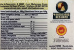 Autentica etichetta del Parmigiano Reggiano DOP di Montagna maturato 24 mesi, con dettagli nutritivi, espressione della tradizione gourmet italiana.