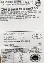 L'etichetta di una Coppa di Parma IGP, stagionata per 2 mesi, prodotta dal salumificio Ravanetti. Dettagli su ingredienti, scadenza, peso e certificazioni sono visibili.