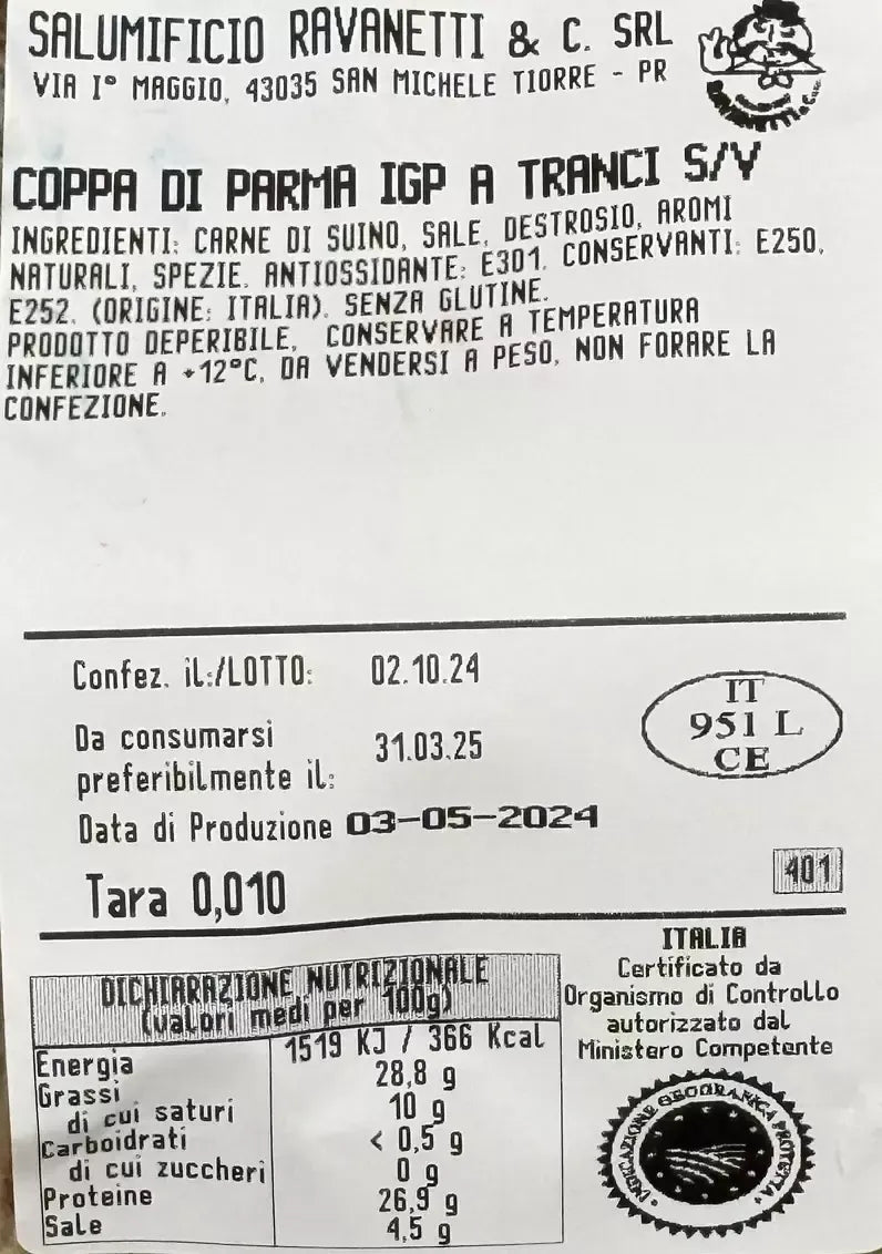 L'etichetta di una Coppa di Parma IGP, stagionata per 2 mesi, prodotta dal salumificio Ravanetti. Dettagli su ingredienti, scadenza, peso e certificazioni sono visibili.