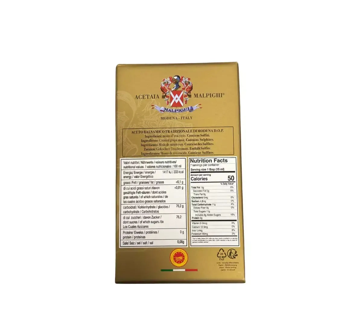 Un'elegante scatola dorata custodisce un aceto balsamico Affinato Modena DOP, con etichetta dettagliata e stemma italiano.