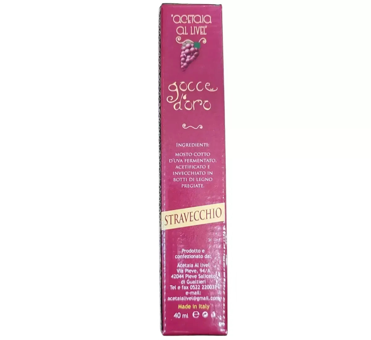 Una scatola viola da 40ml di Stravecchio Gocce d'Oro condimento balsamico, impreziosita da dettagli dorati e testo in bianco.
