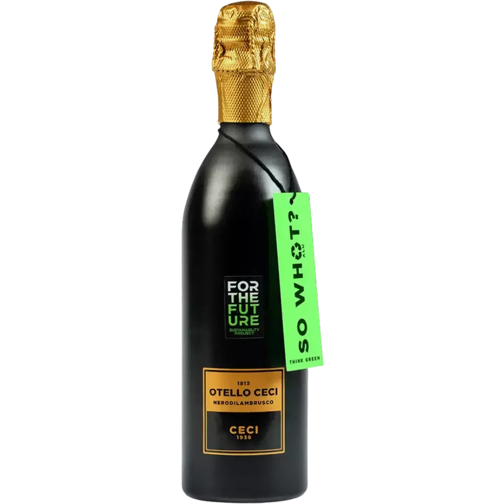 Un'elegante bottiglia di Lambrusco Otello Ceci Nero, adornata con un'etichetta dorata e una capsula artisticamente decorata, anticipa un sapore squisito.