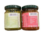 Vasetti contenenti pesto biologico, con il verde vivo del basilico e il rosso profondo del pomodoro secco, esprimono i gusti autentici dell'Italia.