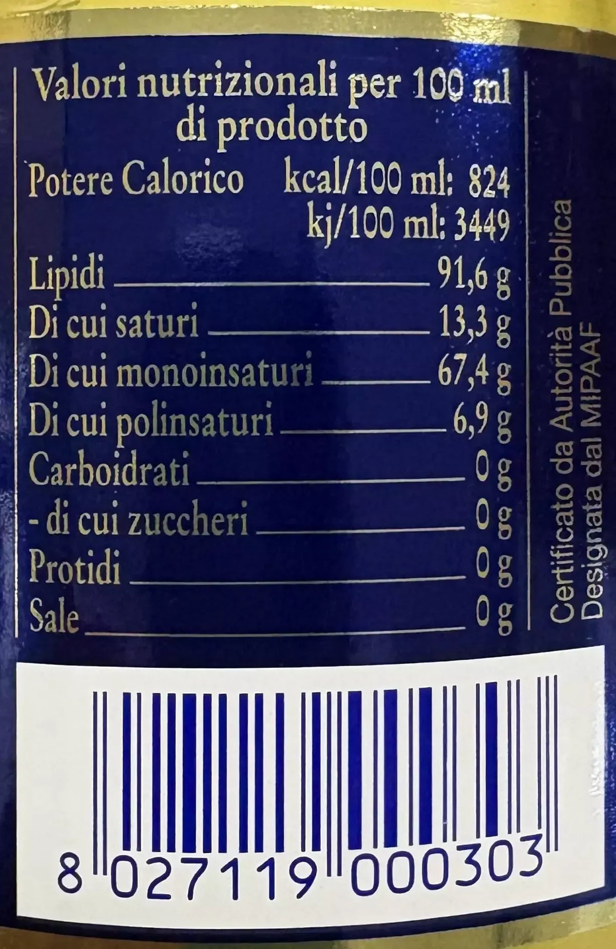 Huile d'olive extra vierge AOP authentique de la Riviera Ligure, avec étiquette bleue, informations nutritionnelles et code-barres visibles.