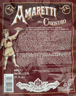 Una confezione rossa di Amaretti Croccanti del Chiostro di Saronno, con un'illustrazione di un bambino e la lista degli ingredienti.