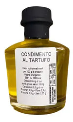 Una bottiglia d'elegante olio extravergine arricchito con tartufo nero, ideale per intensificare l'aroma di piatti gourmet.