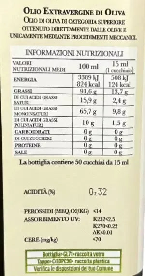 La tradizione e la qualità si fondono nel 'Signore degli Ulivi', un olio extra vergine il cui etichetta svela i dettagli nutrizionali.