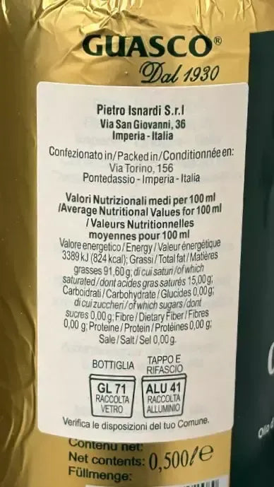 Guasco Olio Extravergine presentato in una raffinata bottiglia dorata, con etichetta ricca di dettagli, orgoglio dell'Italia dal 1930.
