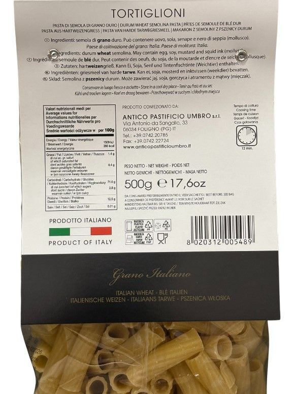 Bilde av en 500 g pose med autentiske italienske Tortiglioni, laget av semulegryn, med en svært informativ etikett.