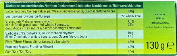 Ortolina Classica offre una dichiarazione nutrizionale completa: 130g di prodotto contengono 565kJ/132kcal, con un mix di grassi, carboidrati, proteine e un pizzico di sale.