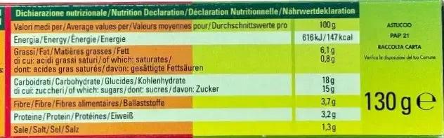 Ortolina Piccante da 130 g presenta un'etichetta nutrizionale che fornisce dettagli su calorie, grassi, carboidrati, fibre, proteine e sale.