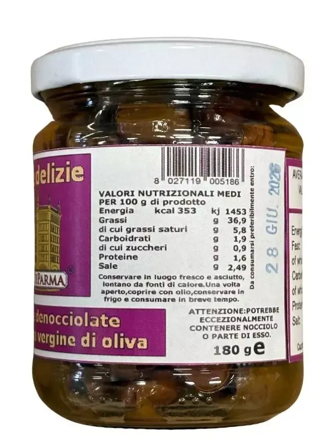 Un barattolo di 180g di olivette denocciolate, immerso in olio extravergine, con un'etichetta dettagliata, pronte per essere gustate.