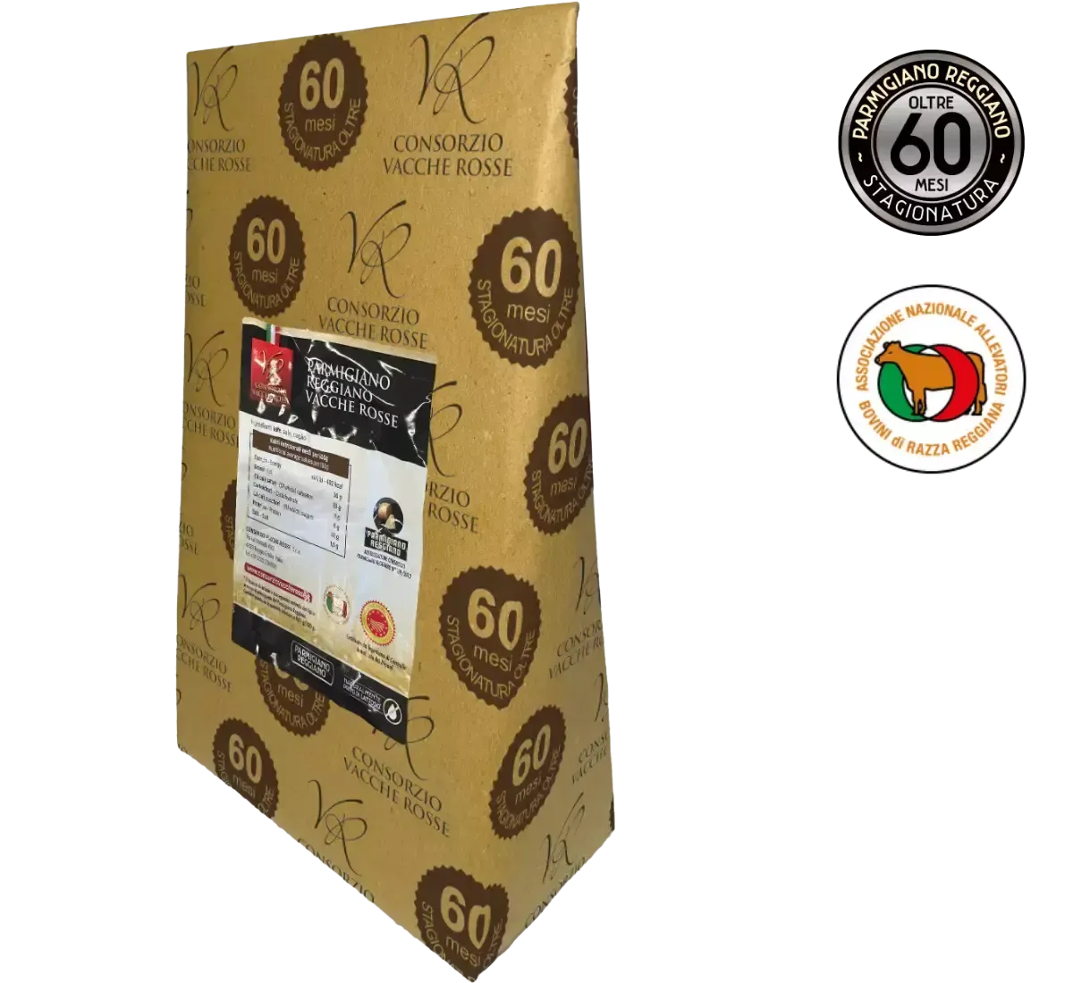 Una lujosa caja navideña con quesos finos, decorada con el logotipo del Consorzio Vacche Rosse y distintivos de calidad certificados.