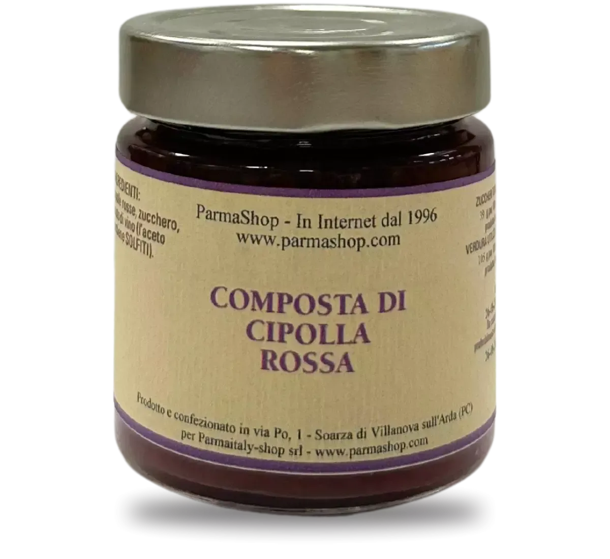 Un barattolo di pregiata composta di cipolla rossa, impreziosito da un'etichetta raffinata. Perfetto per esclusivi regali gourmet natalizi.