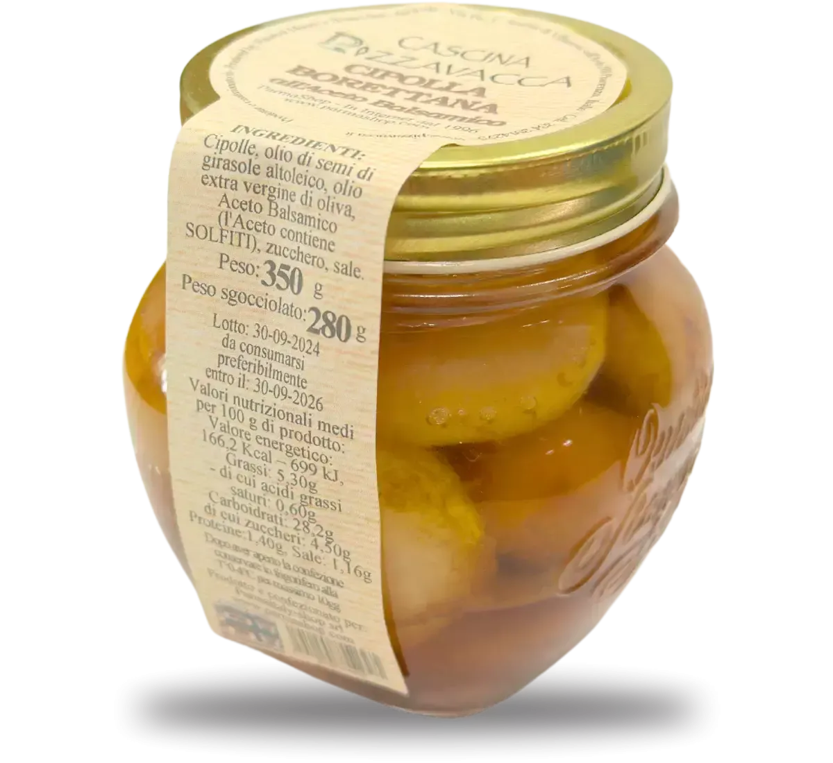 Glas mit handwerklich hergestellten Borettane-Zwiebeln, eingelegt in Balsamico-Essig und versiegelt mit einem detaillierten, goldenen Etikett.