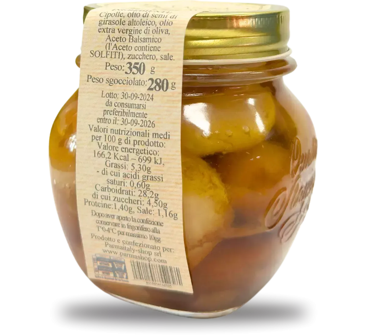 Rustikales Gourmet-Glas mit 350 g handwerklich hergestellten Borettane-Zwiebeln in Balsamico-Essig, mit goldenem Etikett.