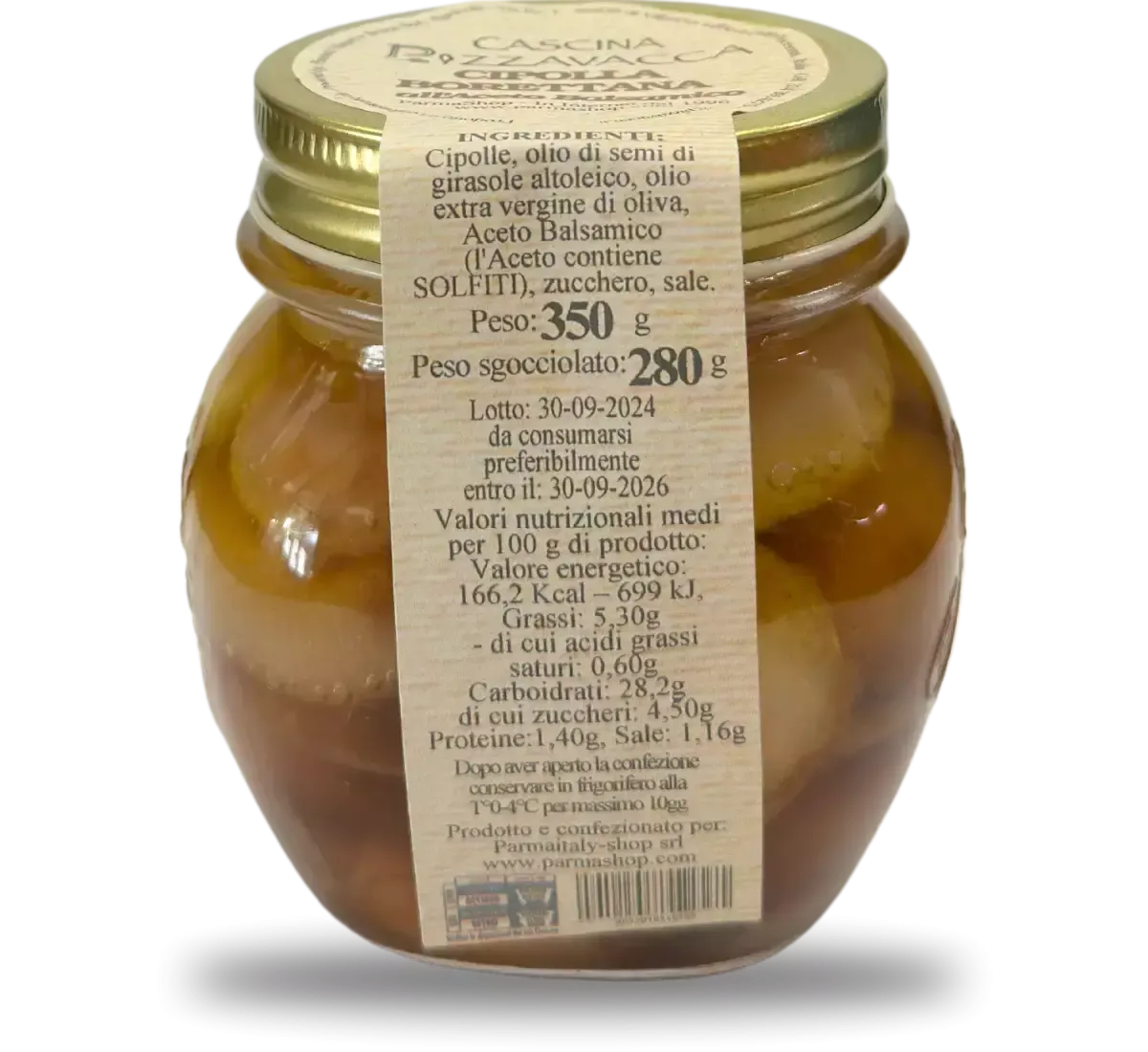 Entdecken Sie die Cipolle Borettane in Balsamico-Essig, eine handwerklich hergestellte italienische Delikatesse von Cascina Pizzavacca, verpackt in einem Gourmet-Glas.