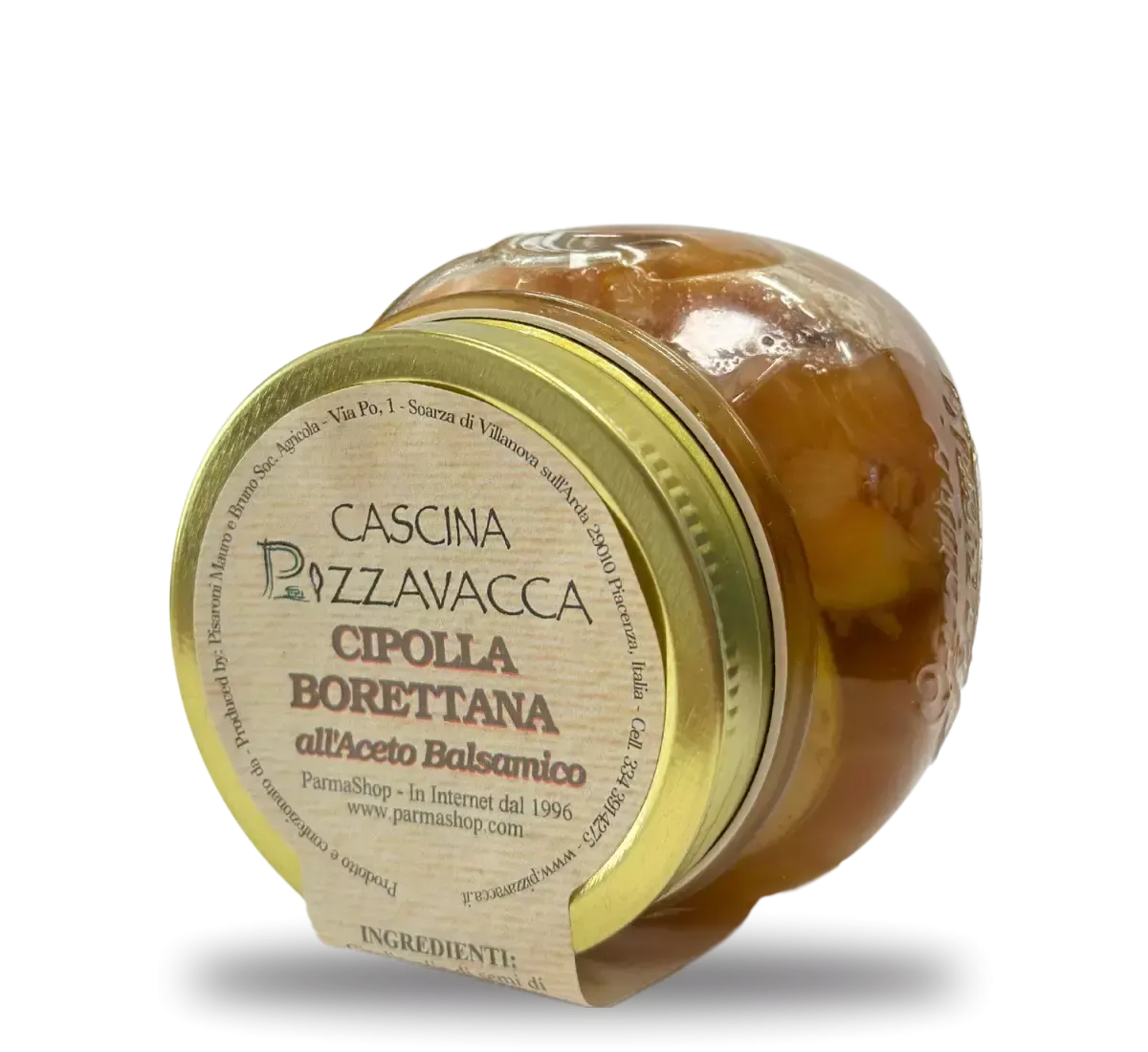 Handwerklich hergestellte Cipolle Borettane in einem rustikalen Glas, in Balsamico-Essig eingelegt, hergestellt von Cascina Pizzavacca.