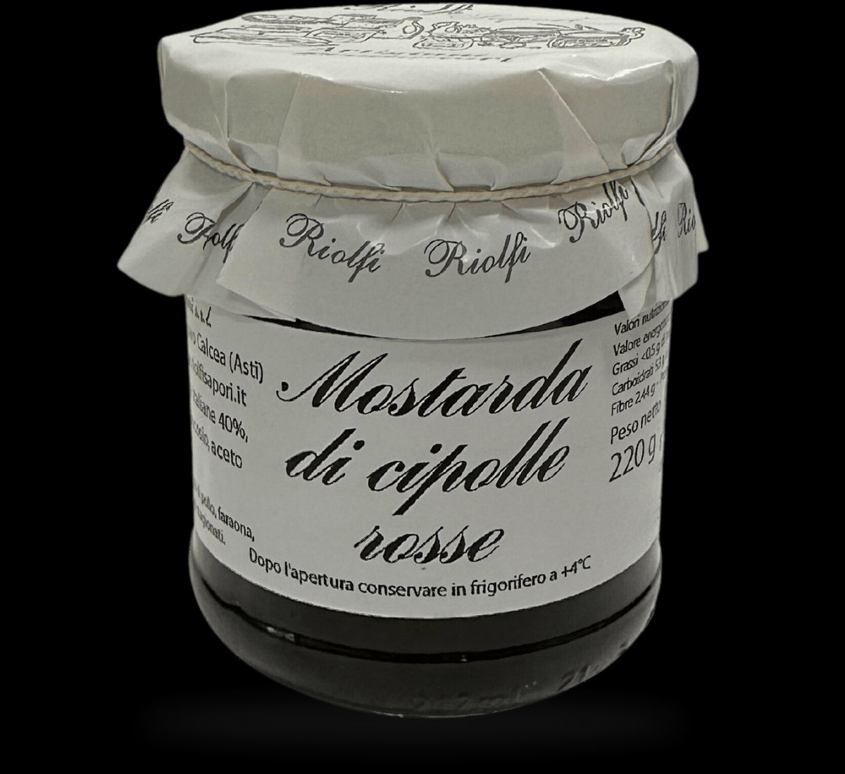 Un barattolo di mostarda di cipolle rosse con etichetta dall'aspetto rustico. Il suo sapore agrodolce è perfetto per abbinarsi a formaggi e carni.