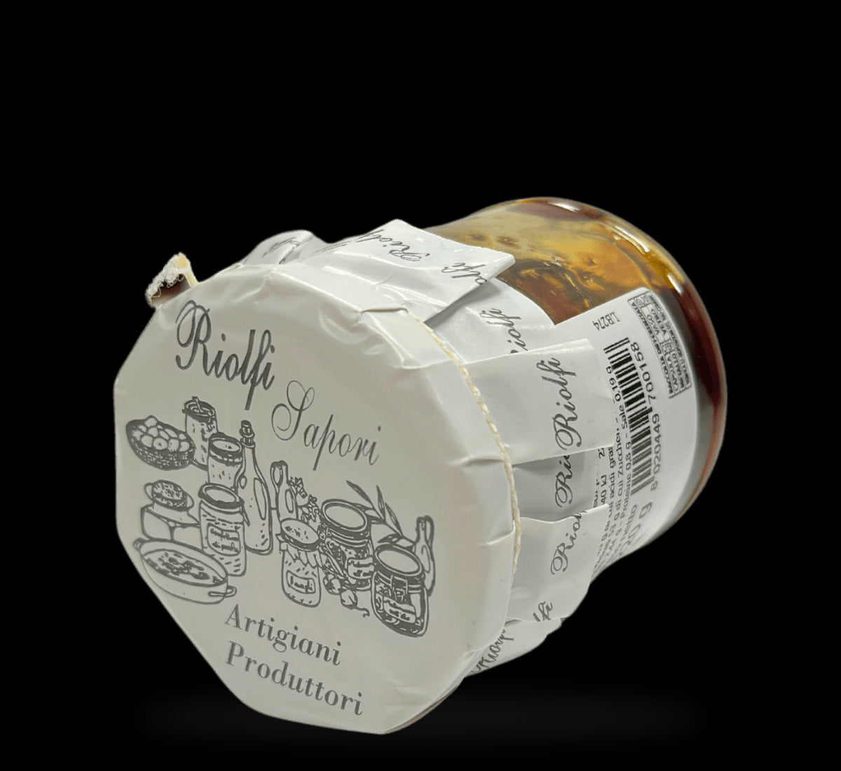 Un vaso di mostarda di cipolle rosse artigianale con un'etichetta sofisticata, l'ideale per dare un tocco dolce-piccante ai tuoi piatti gourmet.