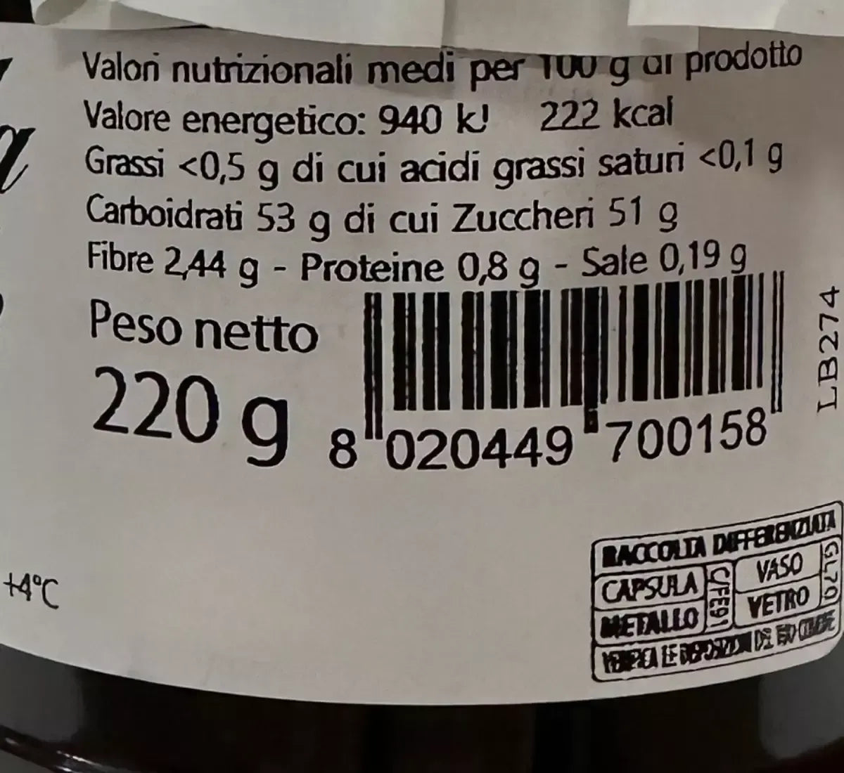 Un vasetto da 220g di mostarda di cipolle rosse, mostrando chiaramente etichetta nutrizionale e codice a barre.