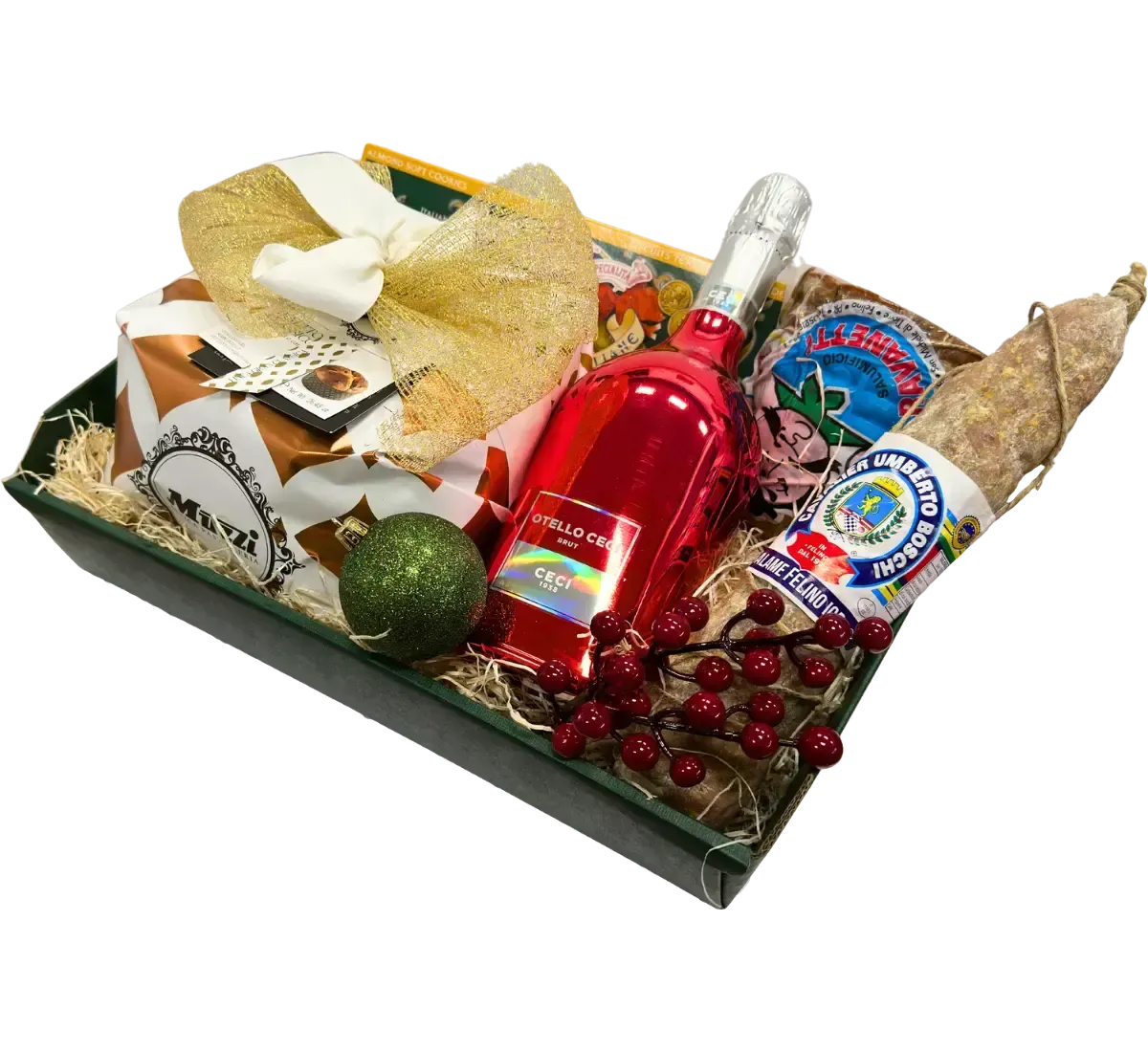 Un raffinato cesto natalizio, ricco di vino rosso, prelibati salumi, dolci deliziosi e dettagli decorativi, ideale per un'esperienza gourmet festiva.
