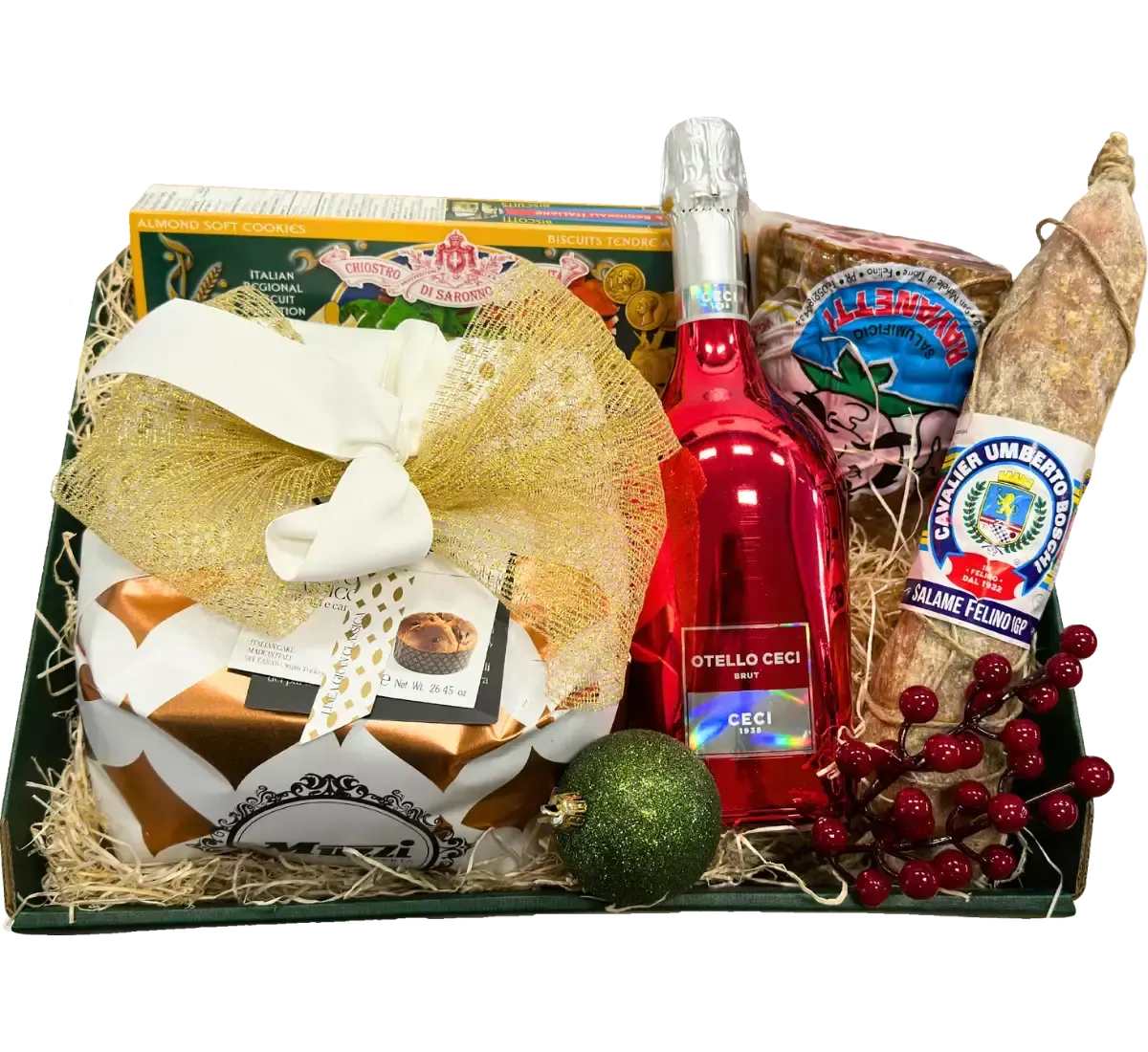 Il Cesto natalizio Giorgia, abbellito con decorazioni festive, include vino rosso, panettone, salame e biscotti - l'ideale per le feste.
