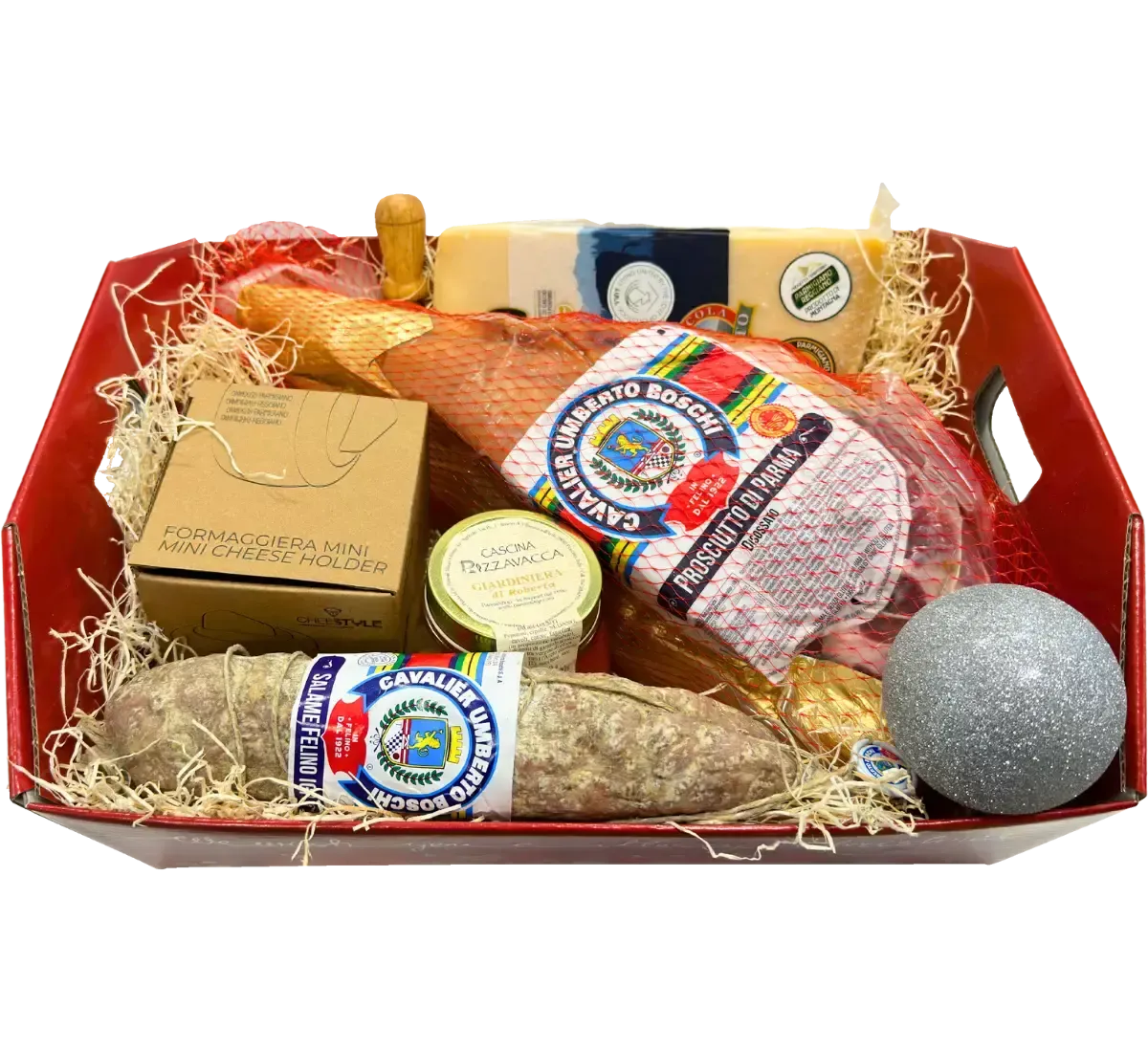 Scopri il cesto Aida, un trionfo di specialità italiane: Parmigiano, Prosciutto di Parma, Salame Felino e giardiniera. Un viaggio nel gusto e nella tradizione.