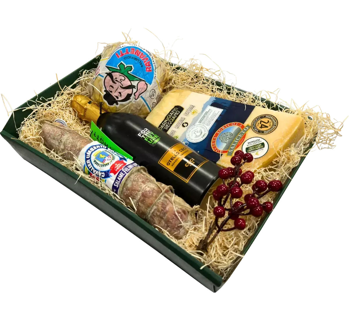 Un cesto Farnese raffinato, arricchito da vino, formaggi e salame su un letto di paglia, impreziosito da decorazioni di bacche rosse. Un tocco di autentica eleganza e gusto italiano.
