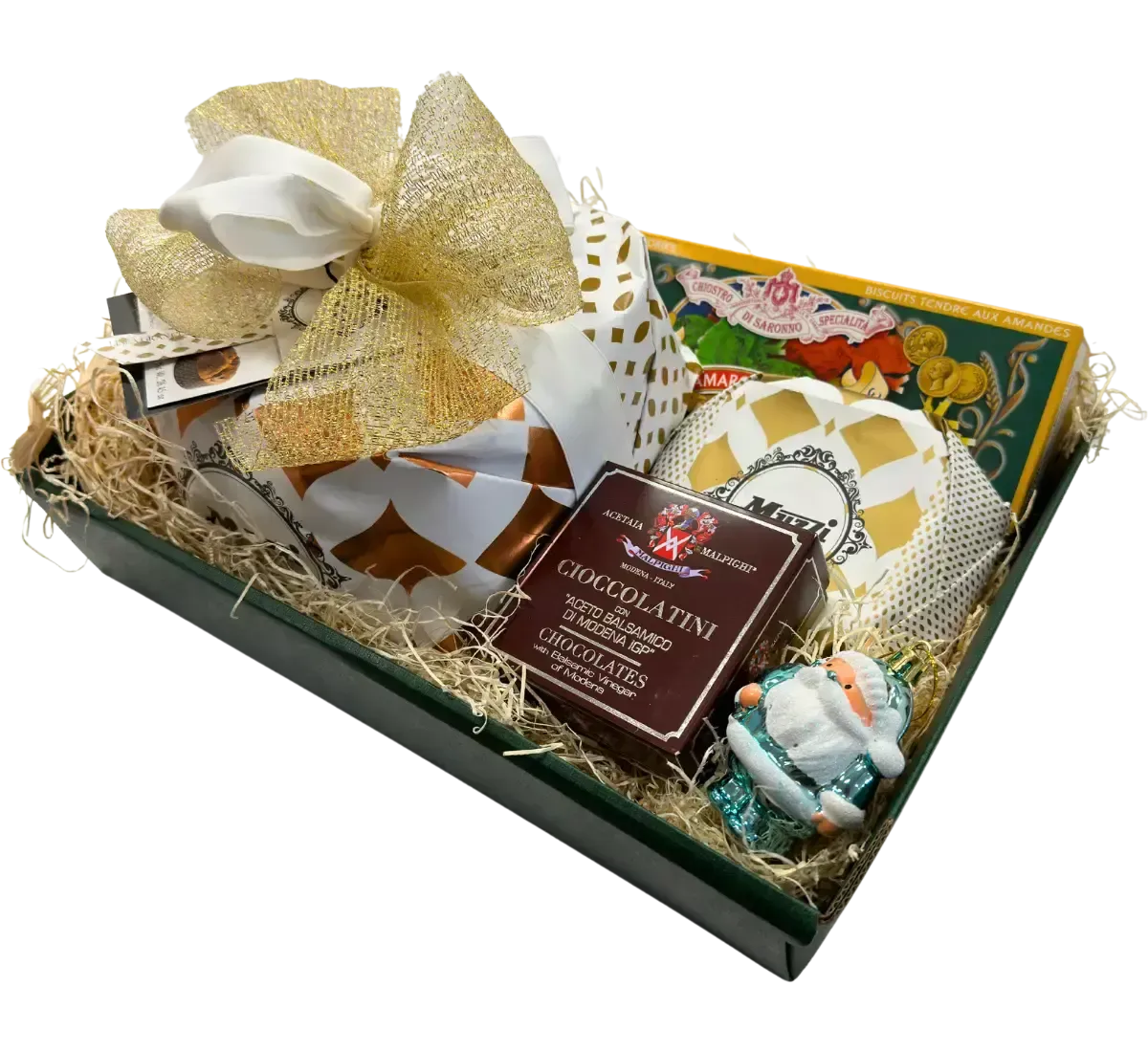 Un elegante e dorato cesto Roberta Speciale Natale, ricco di cioccolatini, dolci artigianali e decorazioni natalizie.