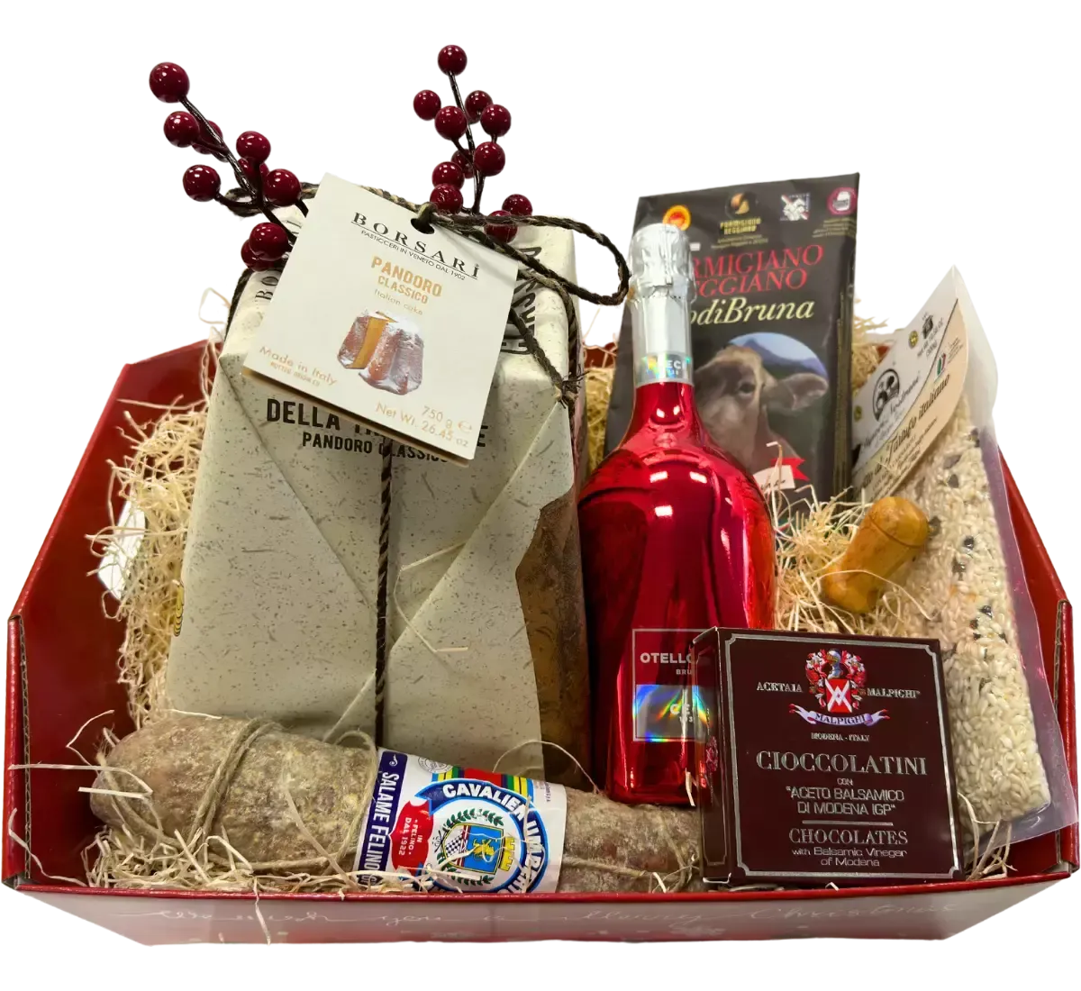 Un cesto natalizio Barney, ricco di delizie italiane: Parmigiano, Salame, Risotto, Pandoro, Cioccolatini e Spumante per festeggiare un Natale gourmet.