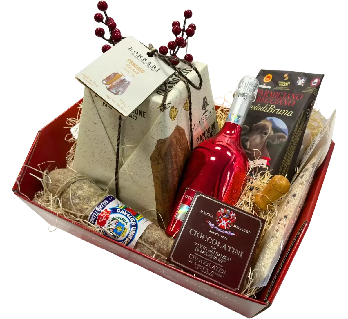 La Cesta de Navidad Barney, con embutidos, bombones, vino tinto, galletas y panettone, es ideal para celebrar al estilo gourmet.