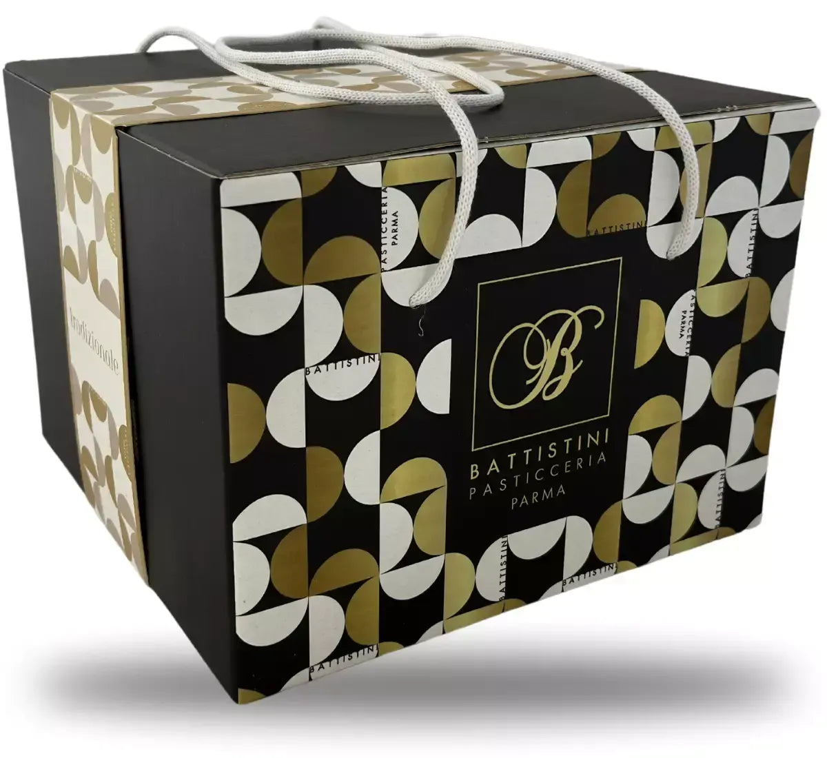Un panettone tradizionale si presenta in una scatola regalo elegante, con decorazioni geometriche in oro e nero, per un Natale raffinato.