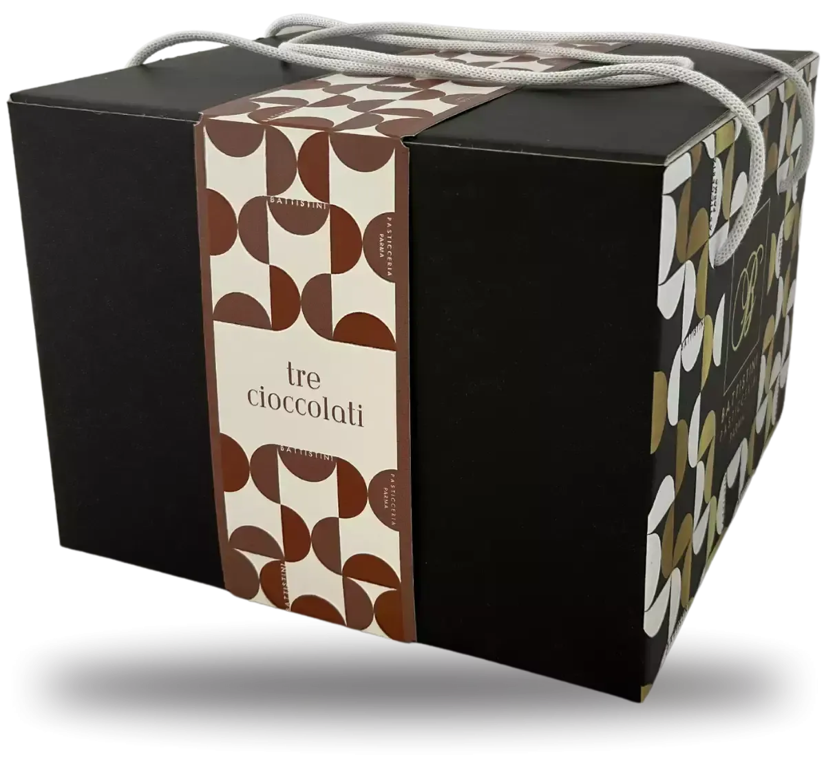 Un'opulenta scatola regalo natalizia dal design sofisticato, con manici bianchi e un affascinante motivo oro e marrone che evoca il tema del cioccolato.