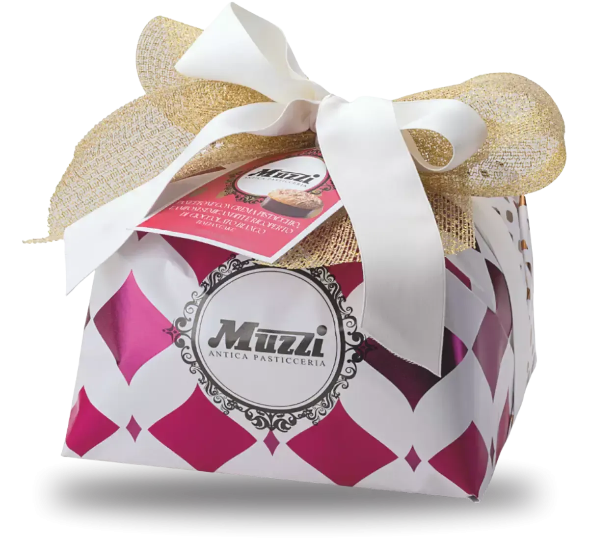 Una scatola speciale Giulia per Natale, avvolta in un'elegante confezione bianca e fucsia, arricchita da un luminoso fiocco dorato.