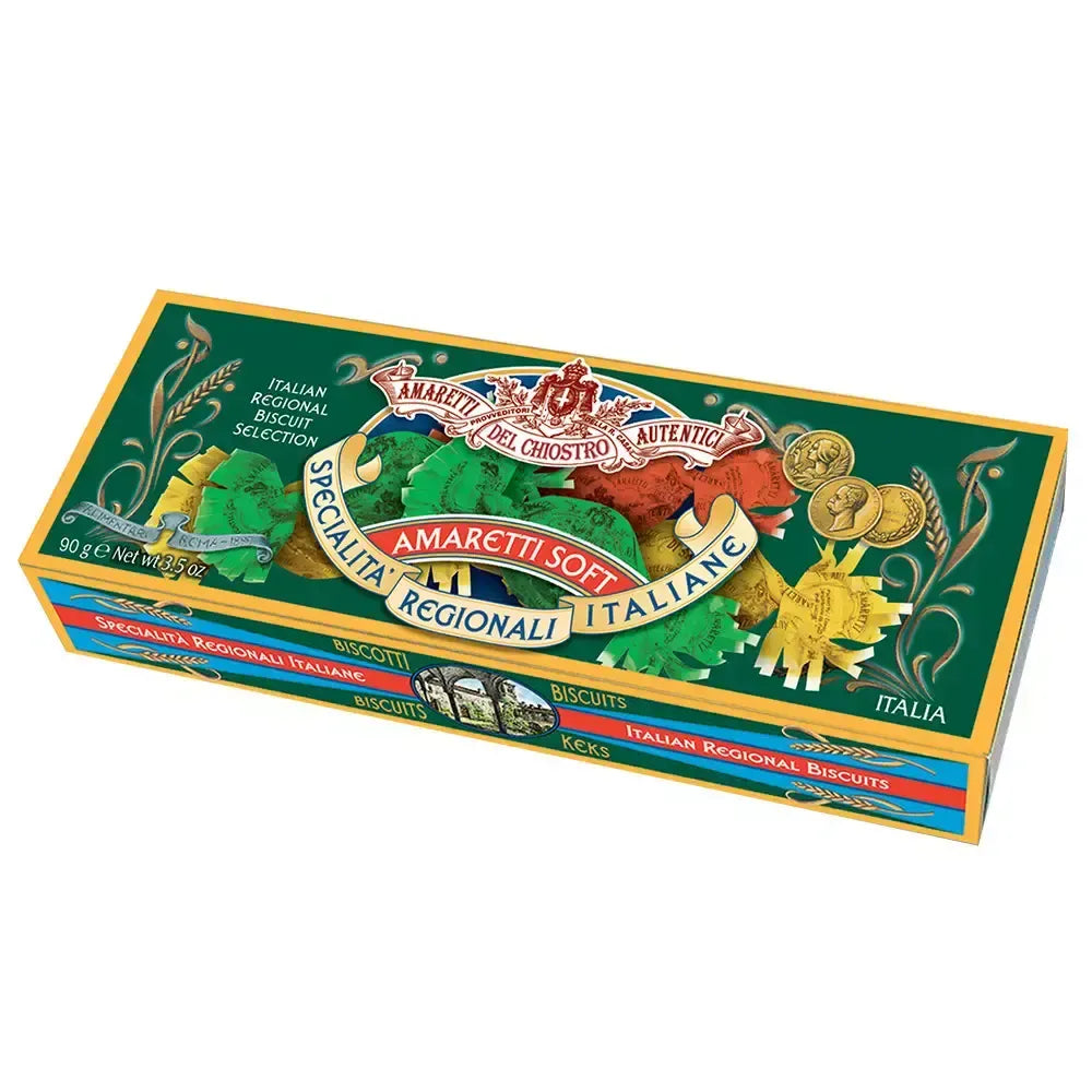 Scatola natalizia Giulia, ricca di biscotti italiani fatti a mano, adornata con vivaci colori e decorazioni tradizionali.