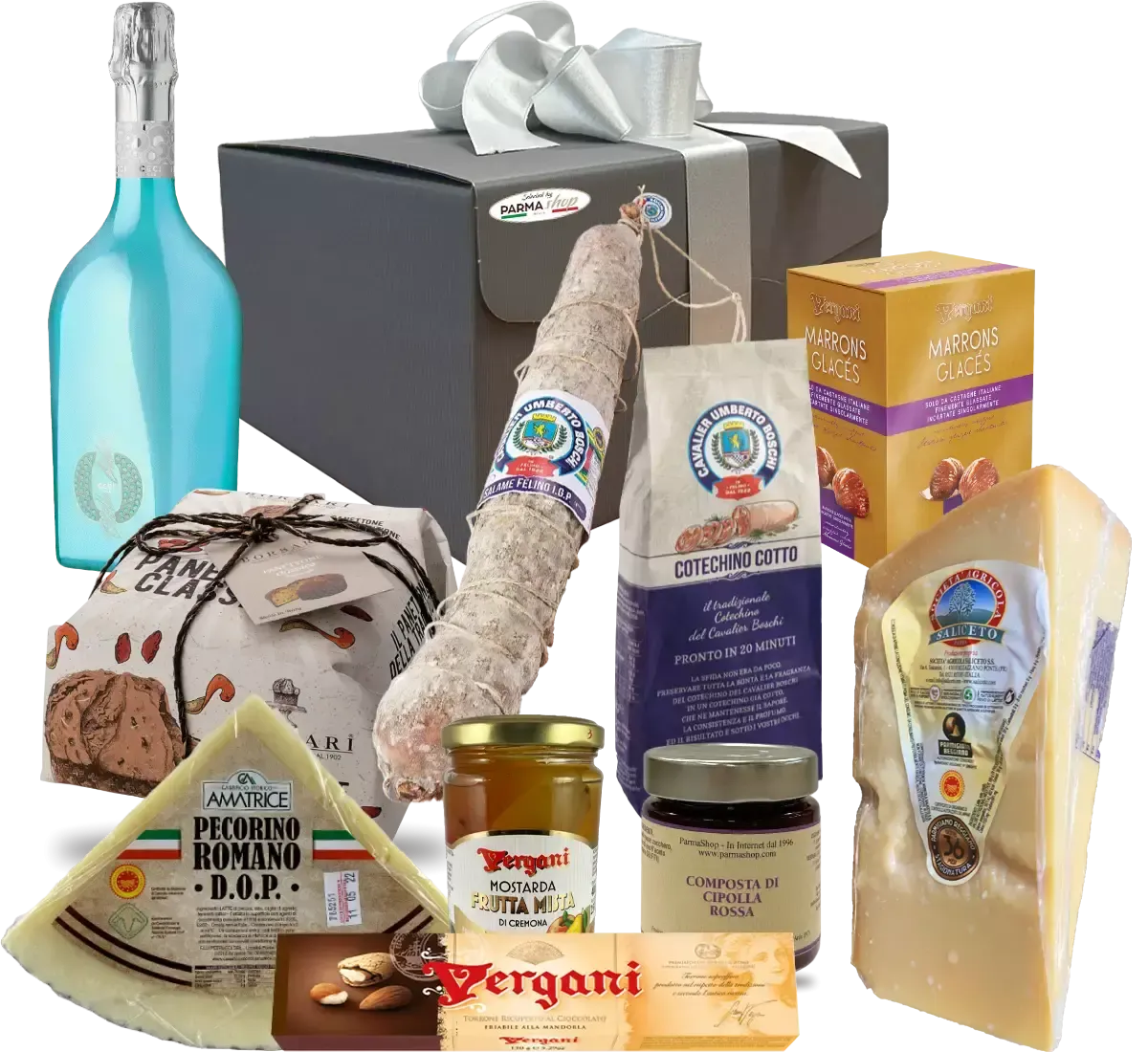 La box Natalia è l'ideale per il Natale, racchiudendo Parmigiano, Pecorino, Cotechino, Panettone e dolci tipici italiani.
