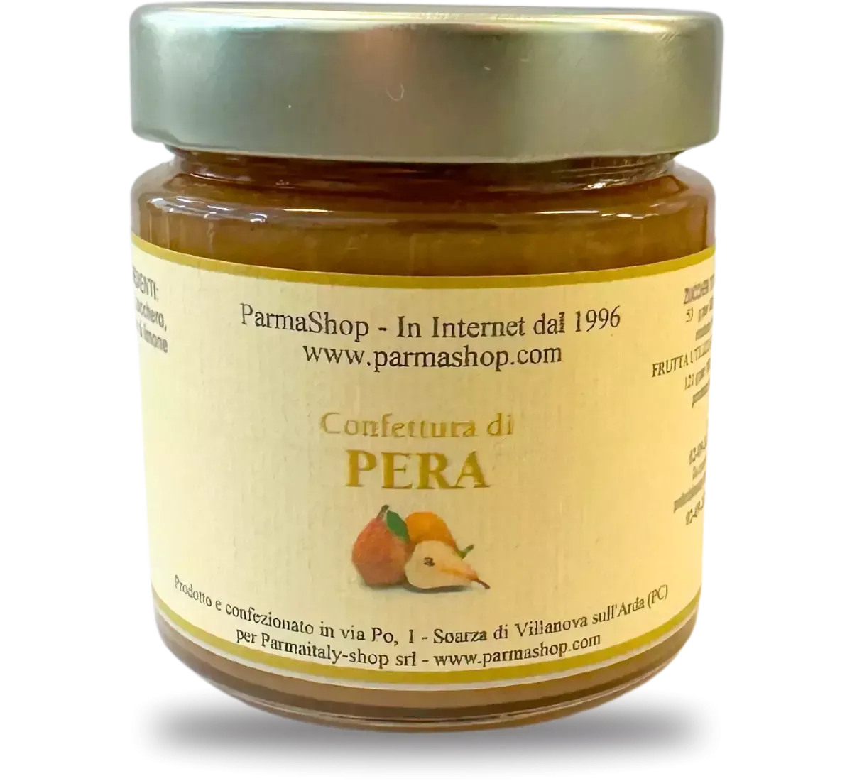 Un vasetto di vetro riempito con deliziosa confettura di pere, prodotta artigianalmente da Cascina Pizzavacca. L'etichetta tradizionale sottolinea il suo autentico sapore italiano.