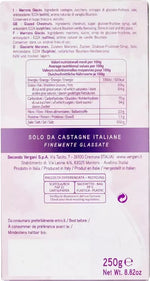 Dettagli di un astuccio da 250g di marron glacés a pezzi, realizzati con castagne italiane glassate, con ingredienti e valori nutrizionali.