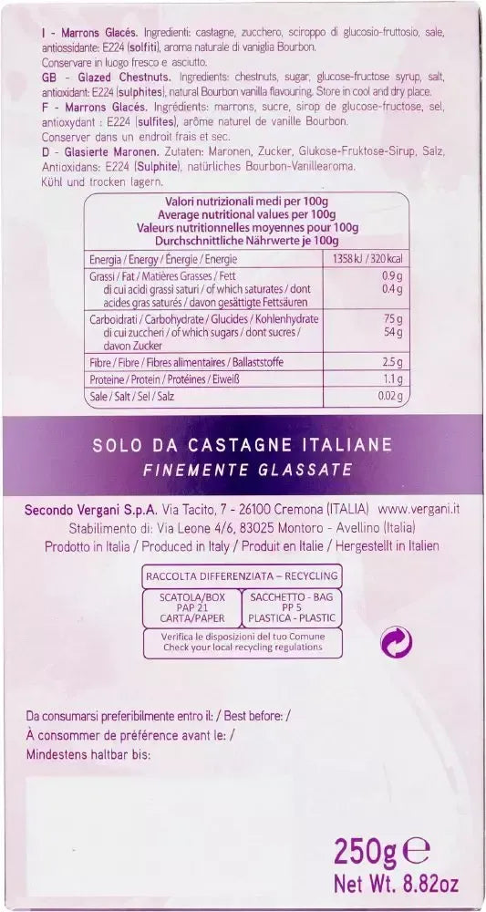 Dettagli di un astuccio da 250g di marron glacés a pezzi, realizzati con castagne italiane glassate, con ingredienti e valori nutrizionali.