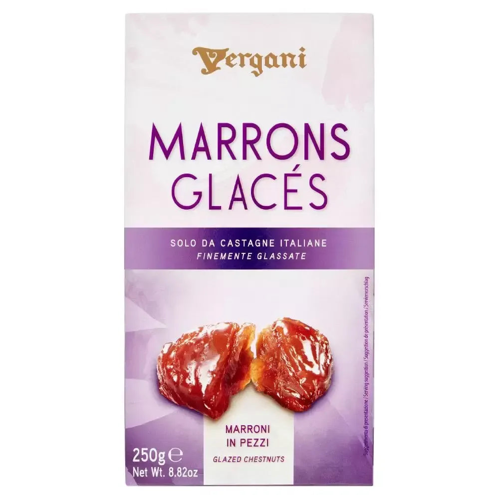 Scatola di Marrons Glacés Vergani da 250g, autentica delizia natalizia italiana, evidenziata su sfondo luminoso.