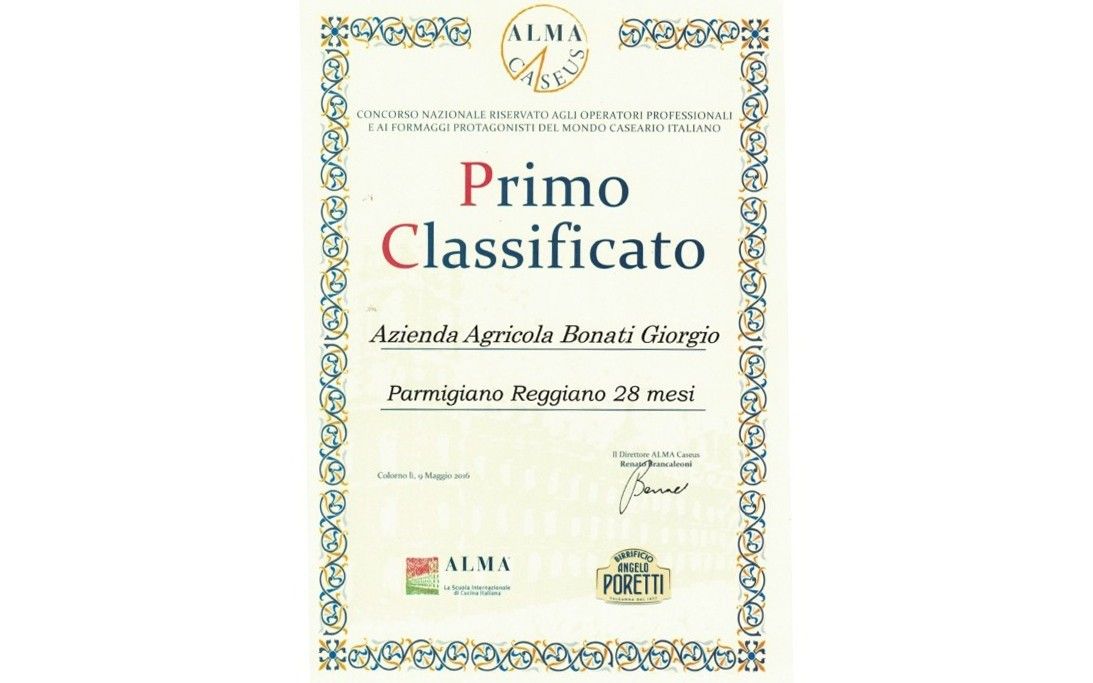 L'Azienda Agricola Bonati Giorgio si fregia del Certificato di Eccellenza ALMA per il suo Parmigiano Reggiano stagionato 28 mesi.