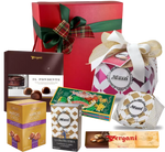 Una scatola regalo Box Giulia racchiude deliziose prelibatezze natalizie italiane: Panettone artigianale, Marron Glacés e cioccolato pregiato.
