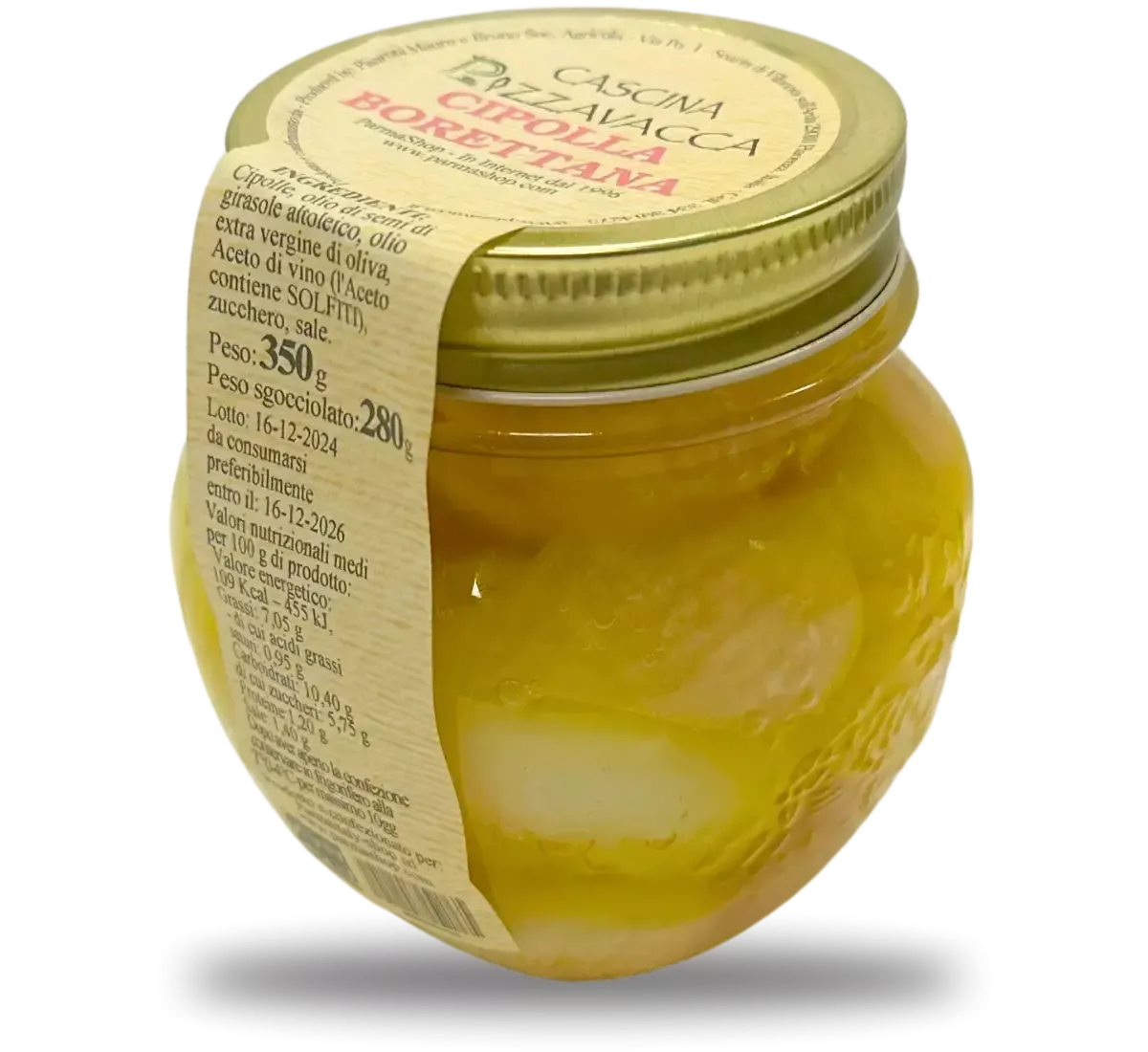 Vaso artigianale con cipolle borettane in agrodolce, bagnate in un olio dorato, e sigillato con un coperchio dello stesso colore, completato da un'etichetta raffinata.