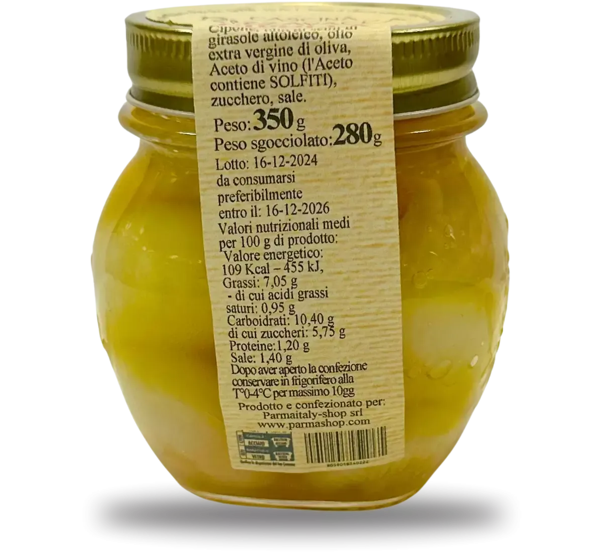 Barattolo di vetro contenente deliziose Cipolle Borettane in agrodolce fatte a mano, un prodotto italiano autentico e senza conservanti.