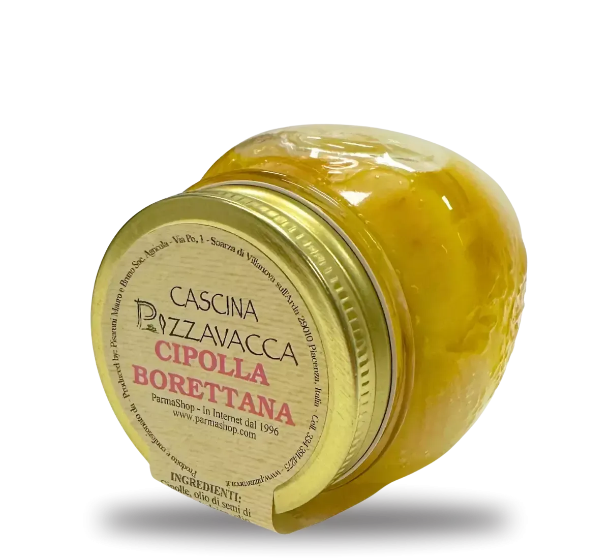 Un barattolo di vetro elegante racchiude le cipolle Borettane in agrodolce, prodotto artigianale di genuina tradizione italiana.